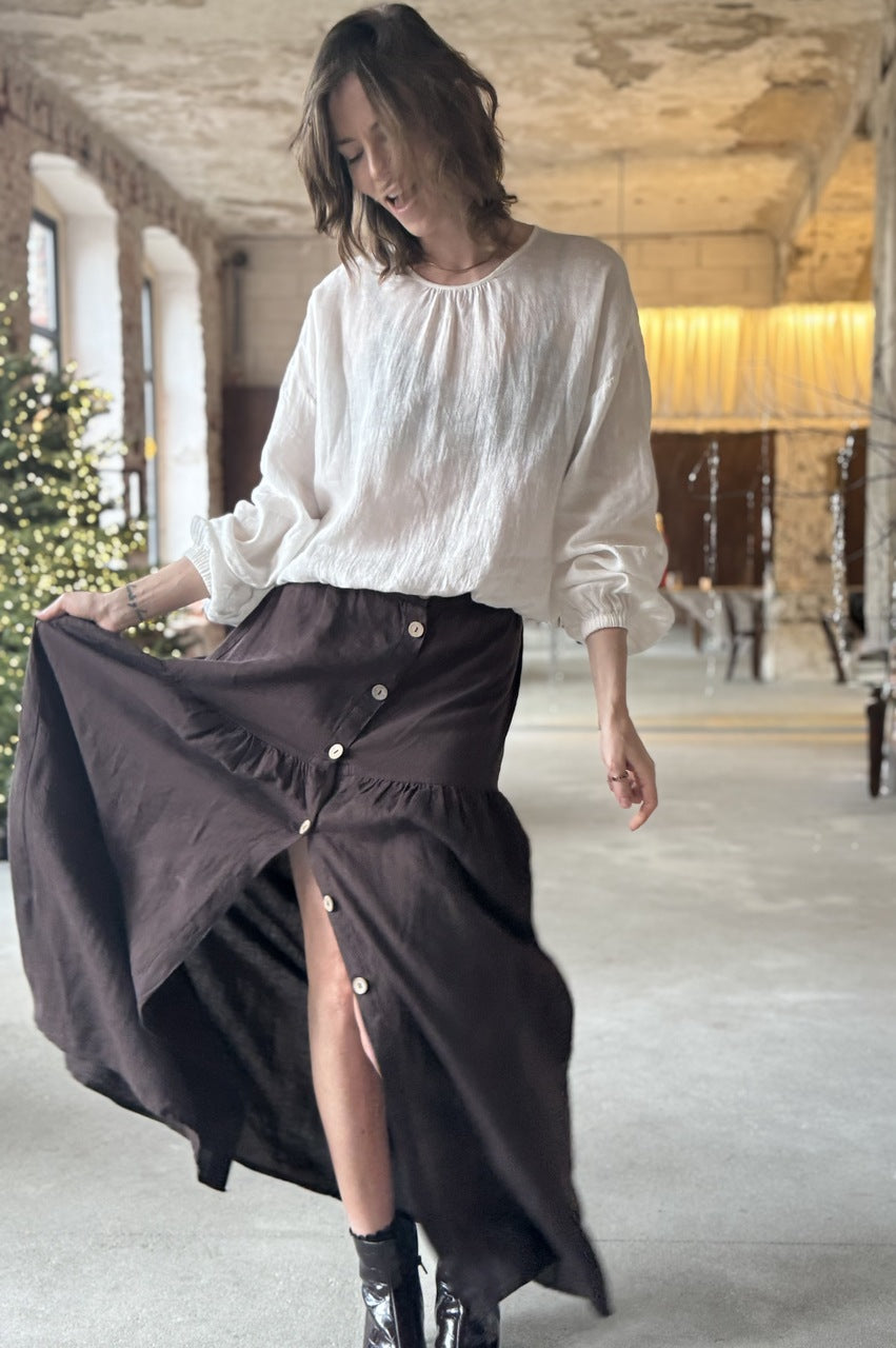 Lniana spódnica maxi z falbaną